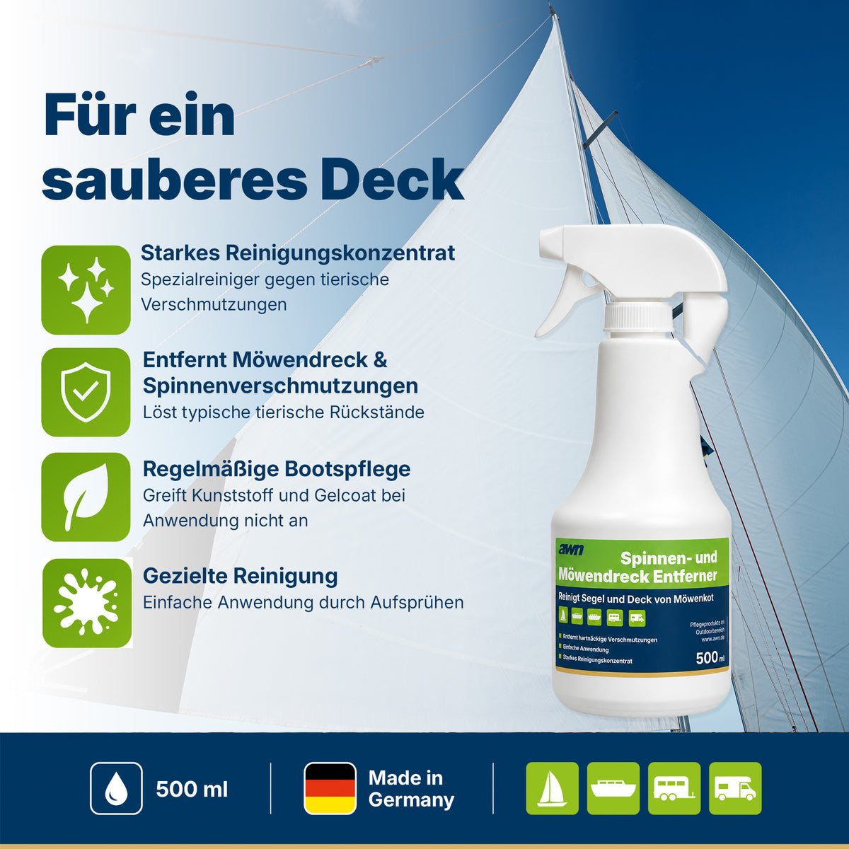 awn Spinnen- & Möwendreck Entferner, gegen tierische Verschmutzungen, für Segel, Persenninge und Decks, 500 ml