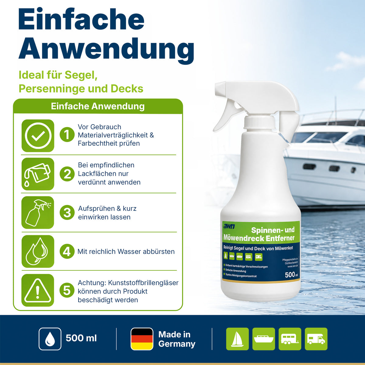 awn Spinnen- & Möwendreck Entferner, gegen tierische Verschmutzungen, für Segel, Persenninge und Decks, 500 ml