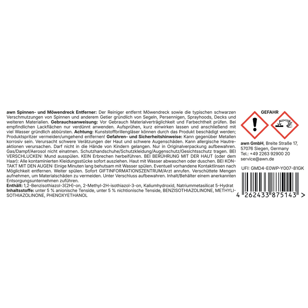 awn Spinnen- & Möwendreck Entferner, gegen tierische Verschmutzungen, für Segel, Persenninge und Decks, 500 ml