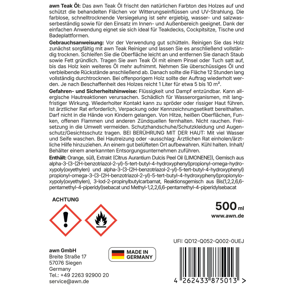 awn Teak Öl, natürliche Holzpflege mit UV-Schutz, wasser- und salzwasserbeständig, 500 ml