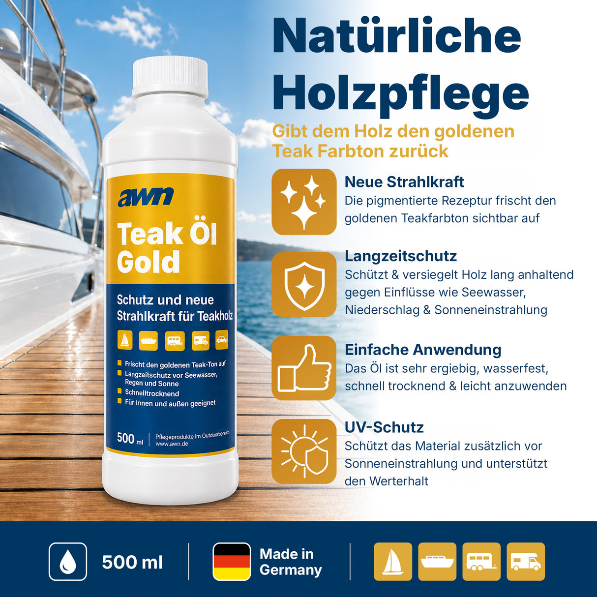 awn Teak Öl Gold, goldener Teakfarbton und UV-Schutz, für Teakholz innen und außen, 500 ml