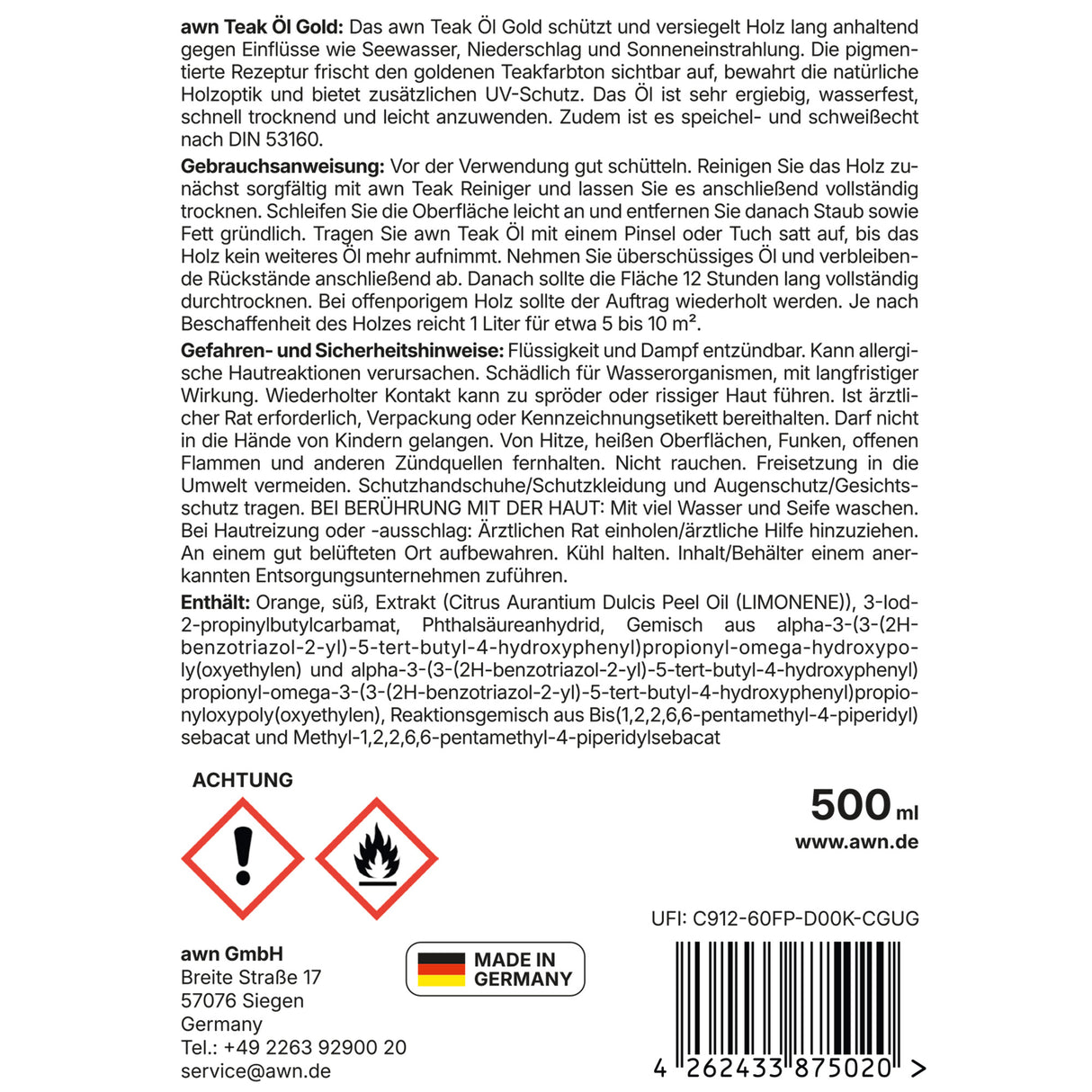 awn Teak Öl Gold, goldener Teakfarbton und UV-Schutz, für Teakholz innen und außen, 500 ml