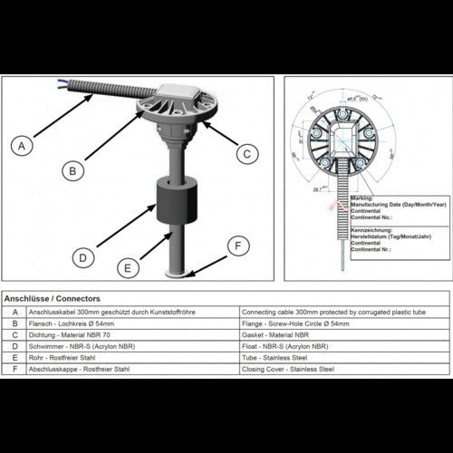 Veratron fuel dip tube 650mm Ø54mm, measuring sensor, model XYZ123 Black USP