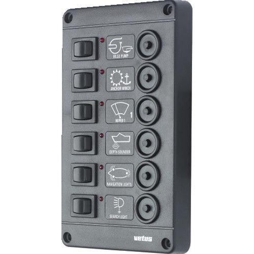 Vetus switch panel with 6 automatic fuses, control LEDs, 12/24V electric, boat supplies, including 60 nameplates