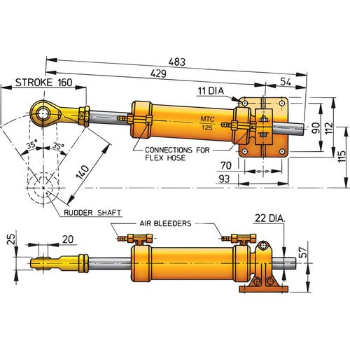 Vetus steering cylinder galvanized rod end, hydraulic cylinder, stainless steel options available