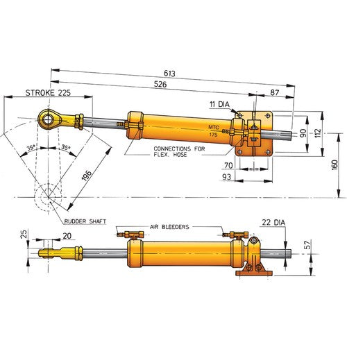 Vetus Steuerzylinder MTC175 verzinkter Gelenkkopf, Hydraulikzylinder, Edelstahl optional erhältlich