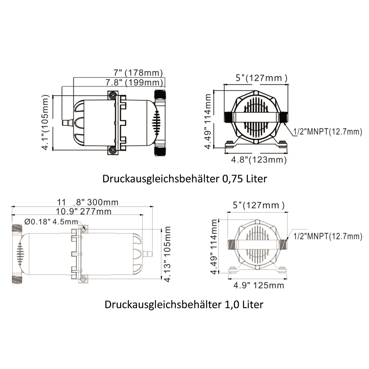SEAFLO Druckausgleichsbehälter für Druckwasserpumpen, Reservoir zur Druck- und Durchflussausgleichung, reduziert Pumpengeräusche - 0,75 - 1 Liter