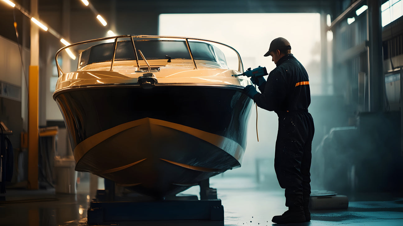 Ein Mann in Schutzkleidung arbeitet mit einer Farbspritzpistole an einem Motorboot in einer gut beleuchteten Werkstatt. Das Boot steht erhöht auf einem Gestell und wird offenbar lackiert oder poliert.
