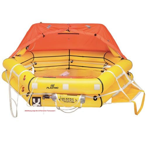 Aufblasbares Rettungsfloß in Gelb mit orangefarbener Überdachung der Marke Plastimo. Es ist für 10 Personen ausgelegt, besitzt Halteleinen, einen Einstieg und Aufdrucke mit Sicherheitsinformationen.