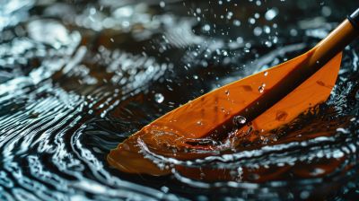 Eine orangefarbene Paddelblattspitze durchbricht die dunkle Wasseroberfläche und erzeugt spritzende Tropfen und kleine Wellenringe. Das Licht spiegelt sich im bewegten Wasser.