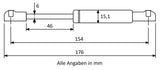 Gasdruckfeder 154mm / 46mm mit Kugelkopfaufnahme Schwarz - in vers. Ausführungen