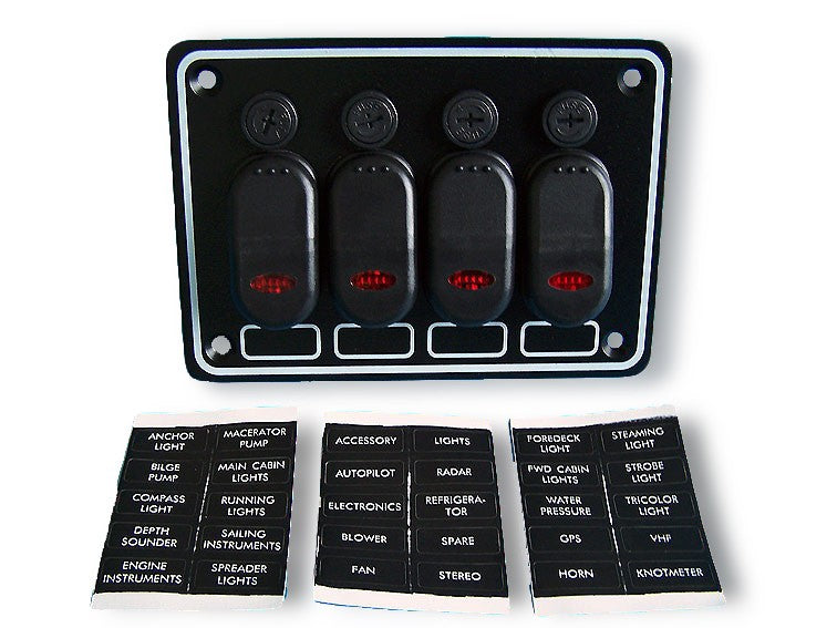 Schaltpaneel 4 Schalter wasserdicht, Steuerungstafel, rote LED + mattschwarzes Aluminiumpaneel
