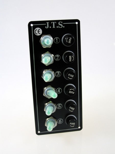 Schaltpaneel 6-fach, wasserdicht, beleuchtet mit grünen LEDs, Aluminium-Paneel mattschwarz, robuste Metallausführung, 16 A Spannung 12 Volt, 70 x 160 mm