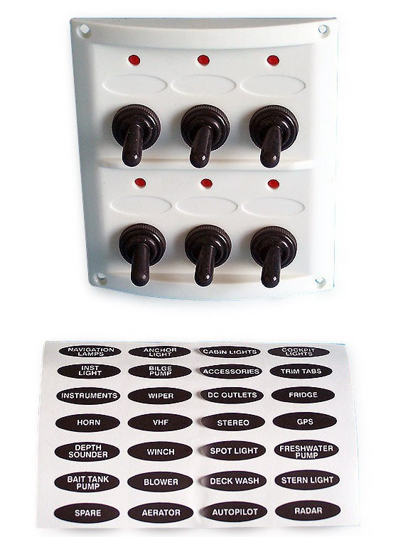 Schaltpaneel 6-fach Schalter Weiß, wasserdichte LEDs, formschönes Kunststoffpaneel, 110 x 125 mm