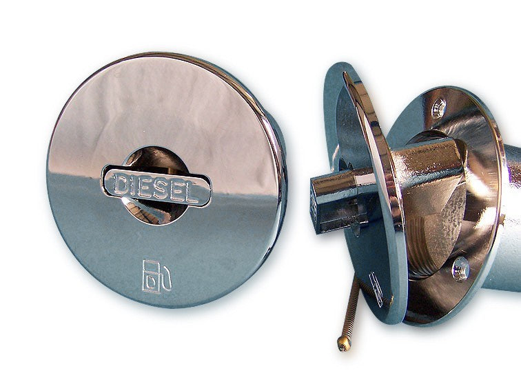 Tankeinfüllstutzen Diesel Messing verchromt, Einfüllstutzen, verdeckte Befestigungsschrauben