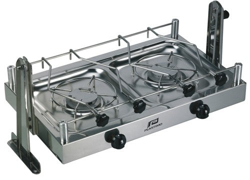 Stove 2 cooking zones gas stainless steel Inox 1700W thermoelectric ignition safety device, gas hob, high gloss polished with gimbal and pot holders