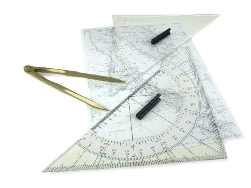 Ausbildungsset Navigationswerkzeug Kursdreieck 33,5cm, Anlegedreieck Marinezirkel, Messing matt zaponiert