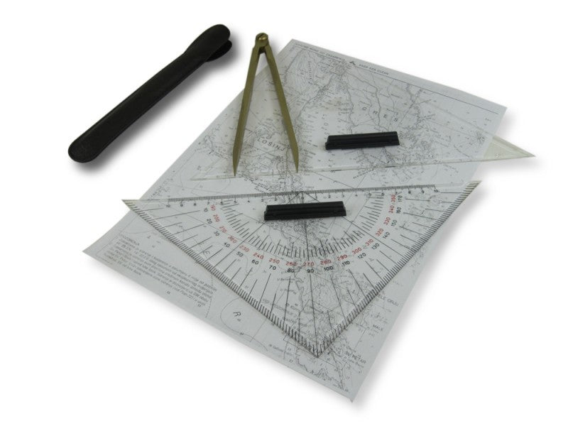 Ausbildungsset Kursdreieck und Anlegedreieck 27,5cm, Navigationswerkzeug, Marinezirkel Messing USP: Aufbewahrungstasche mit Zip-Verschluss