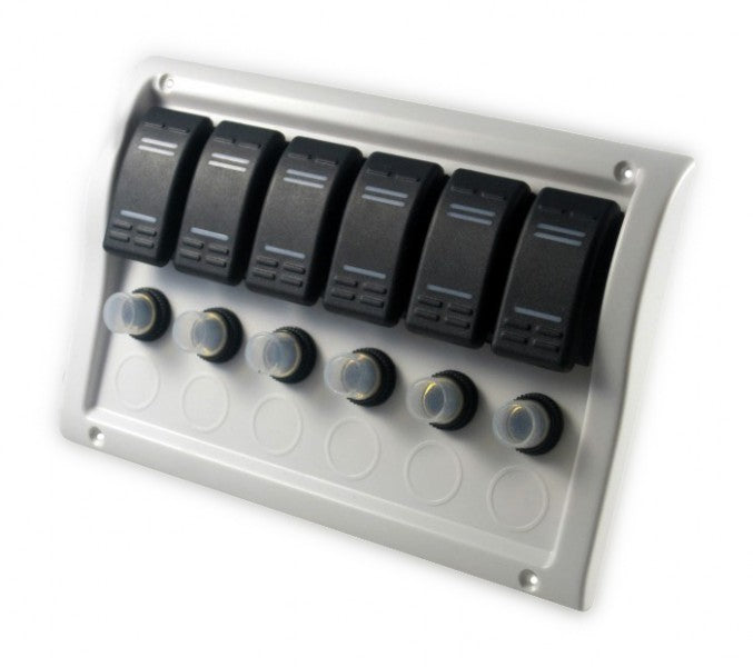 Schaltpaneel Wasserdicht 6 Schalter Weißes LED-Beleuchtung, Sicherungsträger bis 15A, ON-OFF-Funktion, Formdichtung, 132x195 mm