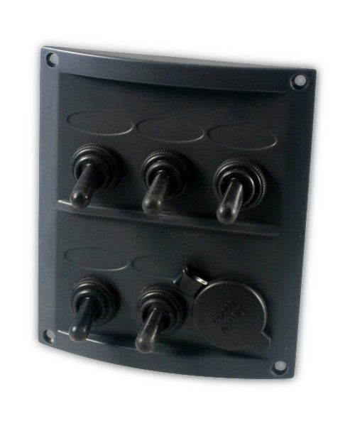 Schaltpaneel Schwarz 5 wasserdichte Schalter + 12 V Steckdose, Schalttafel, UV beständiges ABS, formschönes Design