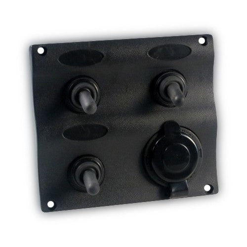 Schaltpaneel Kunststoff mit 3 wasserdichten Schaltern + 12V Steckdose, Bootsdatenschaltfeld, formschönes Design