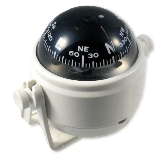 Kompass Weiß mit Haltebügel, Navigationsinstrument, konische Rose mit Kalibrierung
