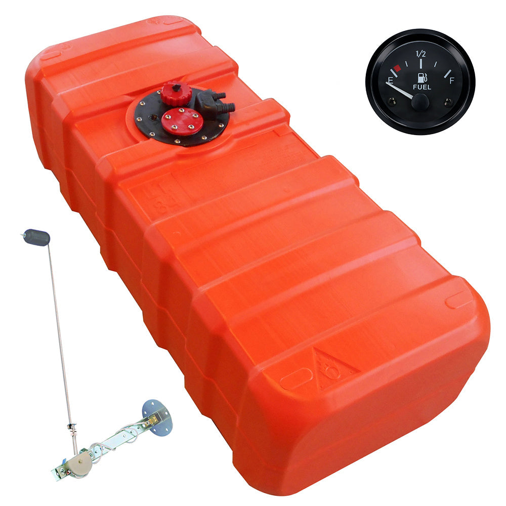 Eco-Line fuel tank orange, connection nipple 11mm, level indicator black, HDPE for petrol and diesel - 84 - 140 liters