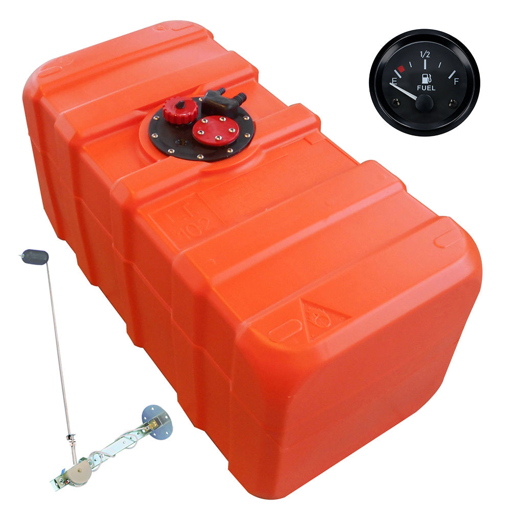 Eco-Line fuel tank orange, connection nipple 11mm, level indicator black, HDPE for petrol and diesel - 84 - 140 liters