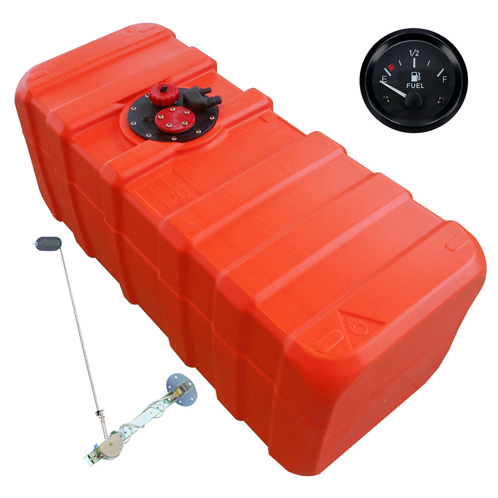 Eco-Line fuel tank orange, connection nipple 11mm, level indicator black, HDPE for petrol and diesel - 84 - 140 liters