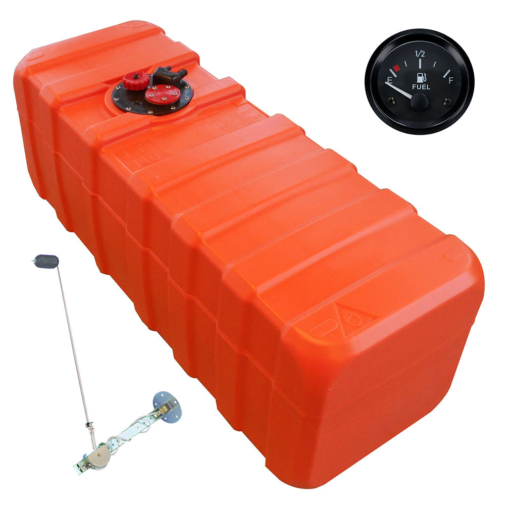 Eco-Line fuel tank orange, connection nipple 11mm, level indicator black, HDPE for petrol and diesel - 84 - 140 liters
