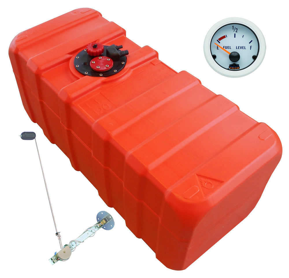Fuel tank 43 L with universal fuel sender and fuel gauge - "Gauge-Line" white - for petrol &amp; diesel - 33 - 140 liters