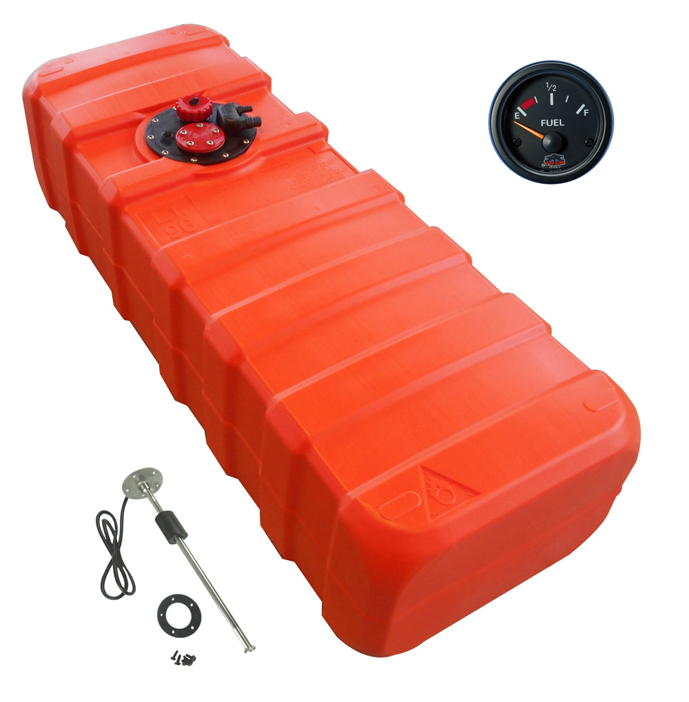 Fuel tank orange HDPE, connection nipple 11mm, level indicator Gauge-Line black, chemical-resistant for petrol &amp; diesel - 96 - 140 liters