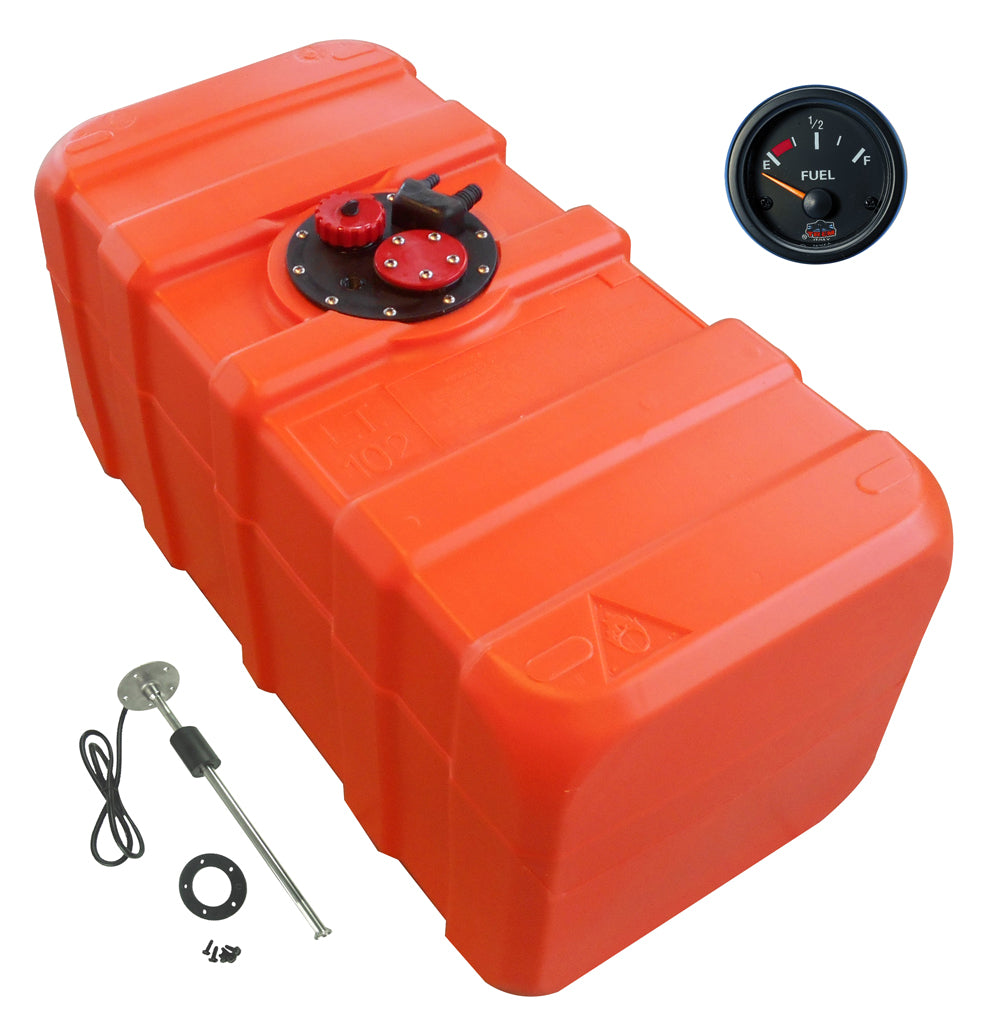 Fuel tank orange HDPE, connection nipple 11mm, level indicator Gauge-Line black, chemical-resistant for petrol &amp; diesel - 96 - 140 liters