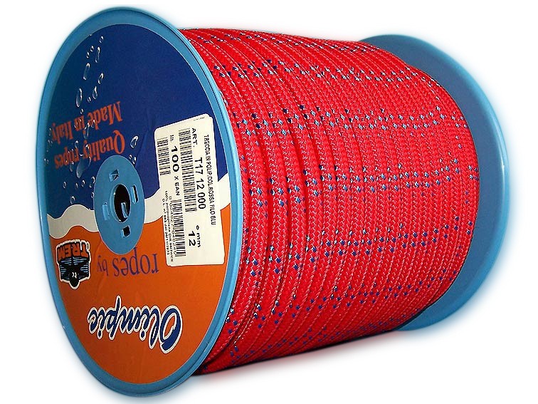 Polypropylenleine 2 Meter, 8 mm Durchmesser, schwimmfähig, rot mit blauem Kennfaden, hohe Zugfestigkeit, UV- und verrottungsbeständig, chemische Widerstandsfähigkeit