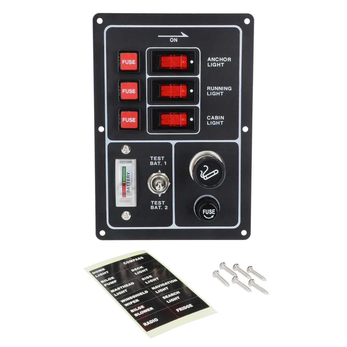 Switch panel with 3 illuminated switches + battery tester, marine panel, robust metal design with 12V socket