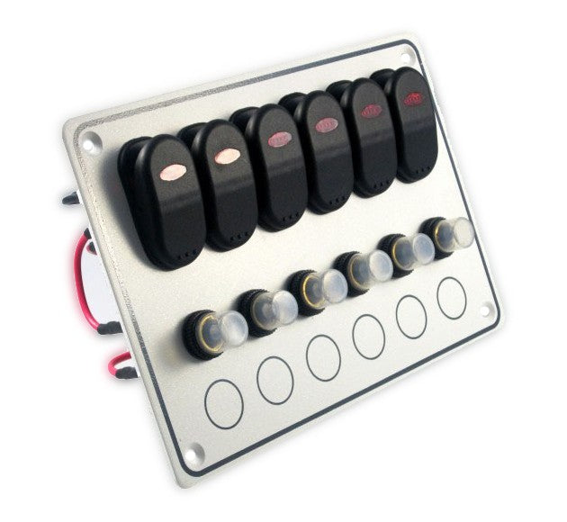 Schaltpaneel 6 Schalter, wasserdichtes Aluminiumpaneel mit roten LED-Leuchten, robustes mattweiß anodisiertes Design für ON-OFF-Funktion