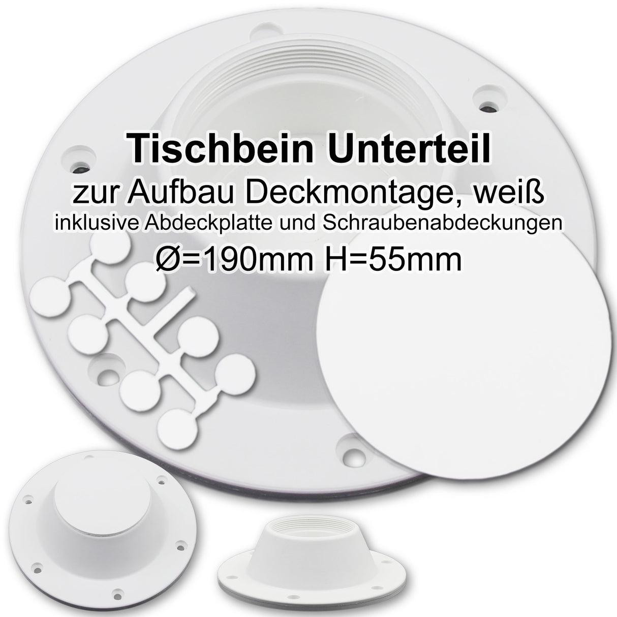 Kunststoff Tischbeinunterteil Deckaufbau 53mm hoch, Montagesystem, inklusive Abdeckungen - (Optional mit Abdeckungen)
