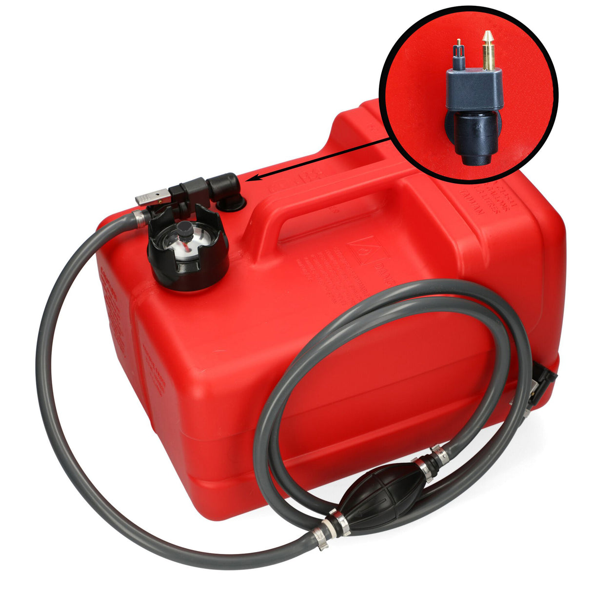 Red fuel tank with Johnson &amp; Evinrude connection, manual level indicator, ISO-certified and chemical-resistant HDPE - 11.3 - 22 liters (optional with hose)