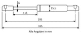 Gasdruckfeder 293mm / 115mm mit Kugelkopfaufnahme Schwarz Matt