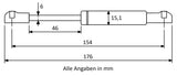 Gasdruckfeder 154mm / 46mm mit Kugelkopfaufnahme Violett