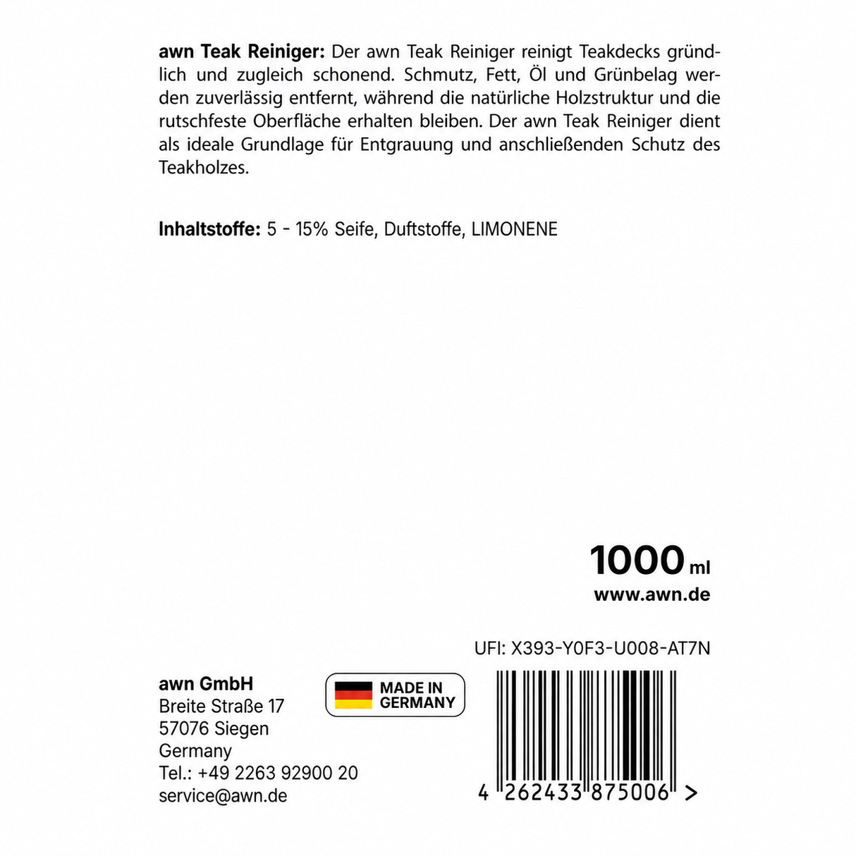 awn Teak Reiniger, natürliche Holzpflege, für Teakdecks und Holzoberflächen, 1 Liter