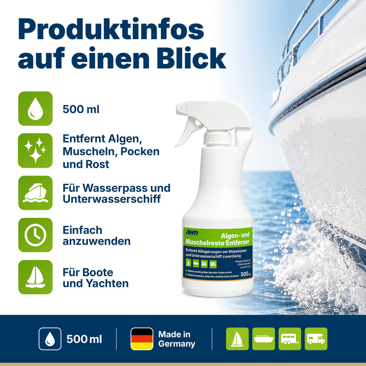 awn Algen- & Muschelentferner, für Unterwasserschiff, Wasserpass und Antrieb, 500 ml