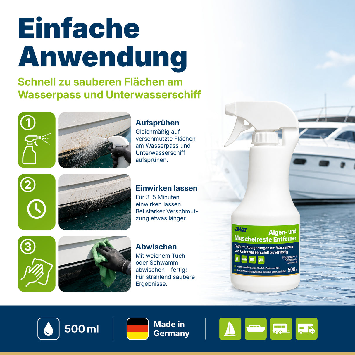 awn Algen- & Muschelentferner, für Unterwasserschiff, Wasserpass und Antrieb, 500 ml