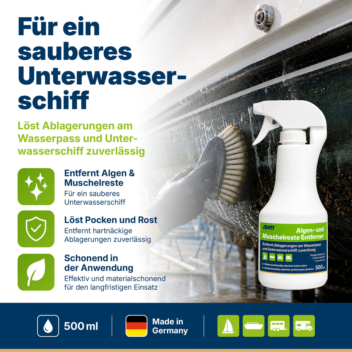 awn Algen- & Muschelentferner, für Unterwasserschiff, Wasserpass und Antrieb, 500 ml