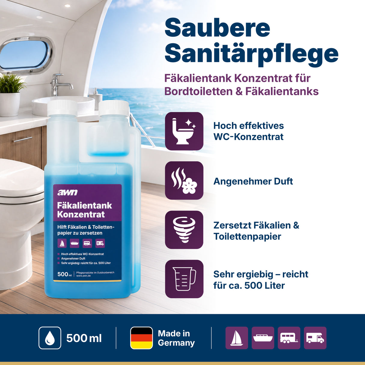 awn Fäkalientank Konzentrat, für Camping-WC & Bootstoilette, 500 ml