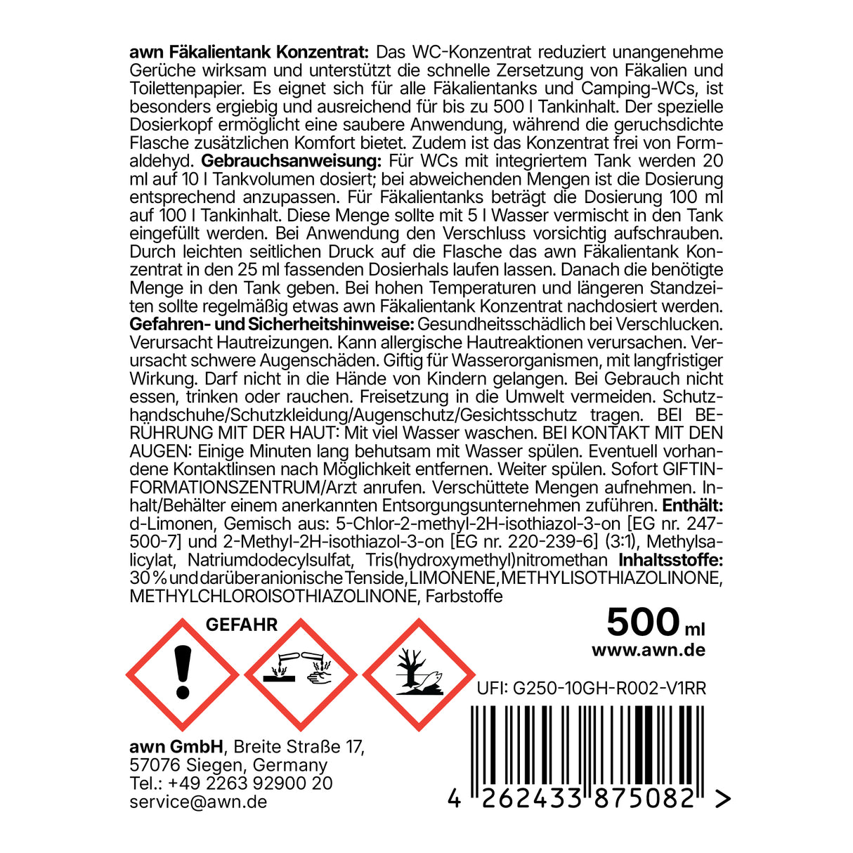 awn Fäkalientank Konzentrat, für Camping-WC & Bootstoilette, 500 ml