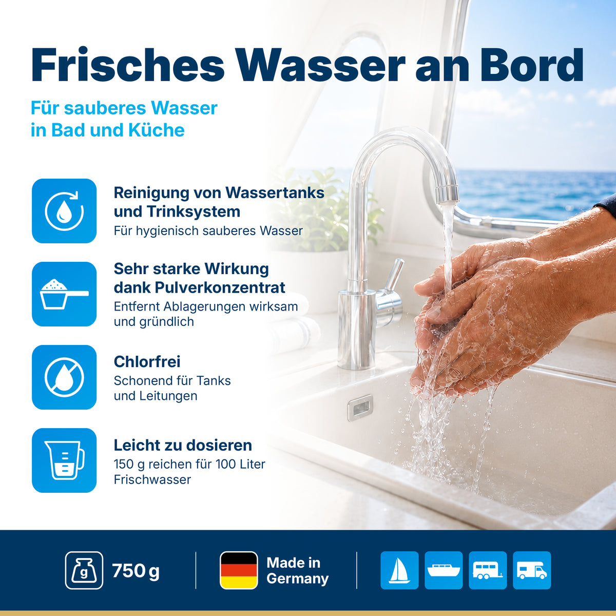 awn Frischwassertank Reiniger, chlorfreie Reinigung für Tanks und Leitungen mit aktivem Sauerstoff, 750 g