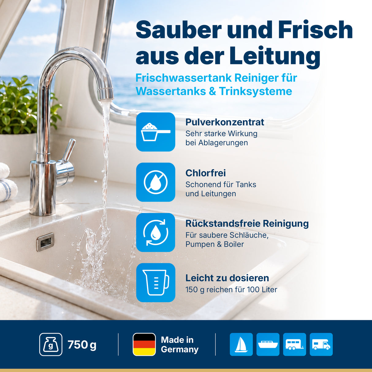 awn Frischwassertank Reiniger, chlorfreie Reinigung für Tanks und Leitungen mit aktivem Sauerstoff, 750 g