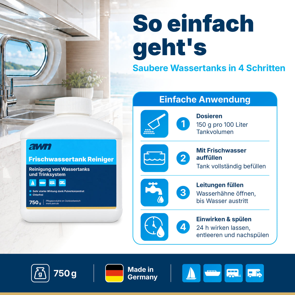 awn Frischwassertank Reiniger, chlorfreie Reinigung für Tanks und Leitungen mit aktivem Sauerstoff, 750 g