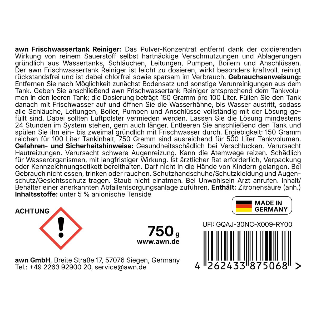 awn Frischwassertank Reiniger, chlorfreie Reinigung für Tanks und Leitungen mit aktivem Sauerstoff, 750 g